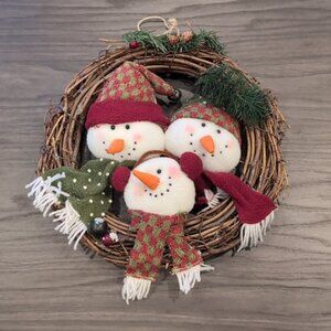 12" Christmas Grapevine Wreath Plush Snowman Family Holiday Decor Jingle Bell